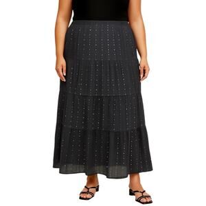 INC International Concepts Black Pleated Sequin Beaded Midi A-Line Skirt Size 2X